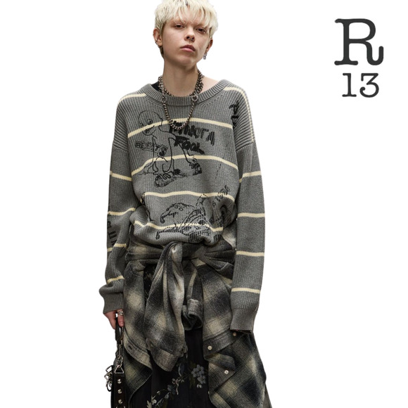 NWT R13 Gray Striped Boyfriend Sweater - Medium (Unisex) - Picture 4 of 12